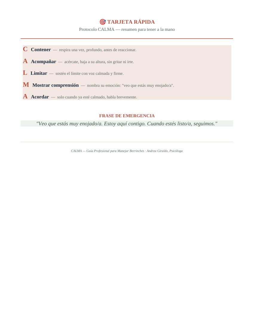 Tarjeta Rápida CALMA